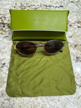 Tory Burch Gold Metal Oval Sunglasses with Olive Green Case